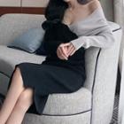 Long-sleeve Two Tone Midi Knit Sheath Dress As Shown In Figure - One Size
