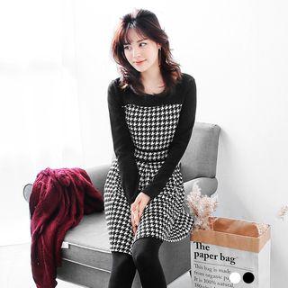 Solid X Houndstooth High-waist A-line Dress