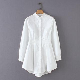 Long-sleeve Crew-neck Plain Mini Shirt Dress