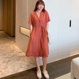 Drawstring-waist Elbow-sleeve A-line Shirtdress