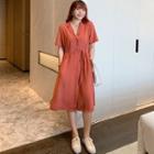 Drawstring-waist Elbow-sleeve A-line Shirtdress