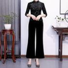 3/4-sleeve Floral Cheongsam Top / Cropped Boot-cut Pants / Set