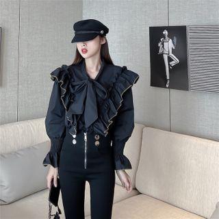 Ruffle Tie-neck Blouse / Cropped Skinny Pants