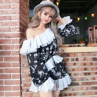 Set: Long-sleeve Floral Ruffled Top + A-line Mini Skorts Floral - One Size
