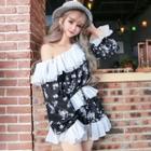 Set: Long-sleeve Floral Ruffled Top + A-line Mini Skorts Floral - One Size