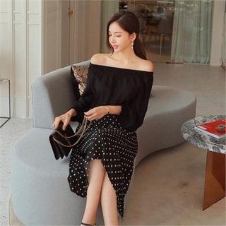Set: Off-shoulder Top + Dotted A-line Skirt