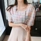 Square-neck Short-sleeve Check Blouse
