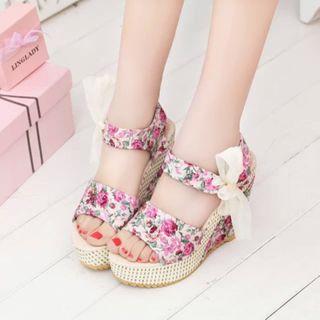 Flower Print Platform Wedge Sandals