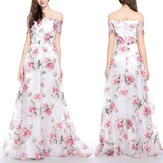 Flower Print Off-shoulder Short-sleeve Evening Gown