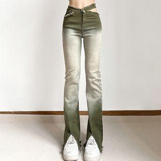 Asymmetrical Waist Gradient Frayed Boot-cut Jeans