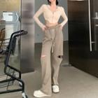 Long-sleeve Zipper Hooded Jacket / Distressed Wide-leg Pants
