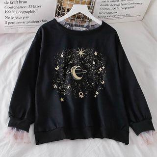 Print Mock Two-piece Long-sleeve Mesh T-shirt
