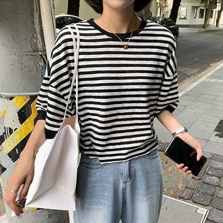 Striped Elbow-sleeve Top Stripe - Black & Light Gray - One Size