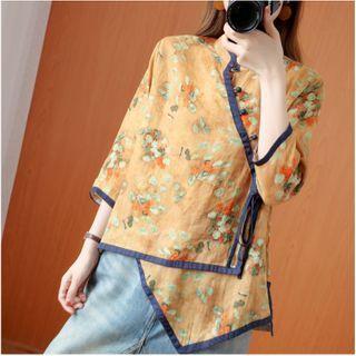 Floral Mandarin Collar Asymmetric Hem Blouse