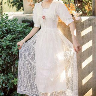 Short-sleeve Lace Overlay Midi A-line Dress