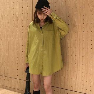 Long-sleeve Plain Shirt Greenish Yellow - One Size