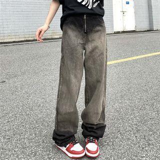 High Waist Zip-up Gradient Loose-fit Jeans