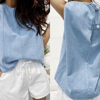 Sleeveless Panel Denim Top Light Blue - One Size