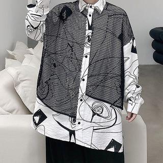 Long-sleeve Mesh Panel Print Shirt