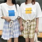 Set: Lettering Elbow Sleeve T-shirt + Plaid Skort