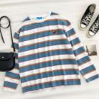 Color-block Striped Crewneck Long-sleeve Top Blue - One Size