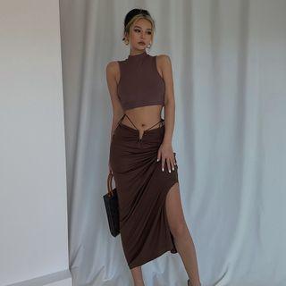 Side-slit Drawstring Midi Skirt