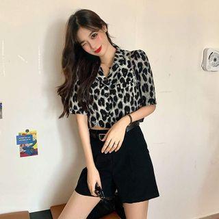 Short-sleeve Leopard Print Crop Shirt