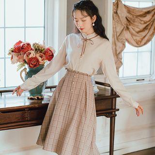 Set: Ruffle Hem Blouse + Plaid Midi A-line Skirt
