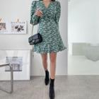 Balloon-sleeve Ruffle-hem Floral Dress