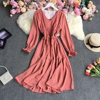 Long-sleeve V-neck Shirred Panel Midi A-line Dress
