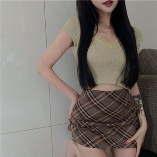 Cap-sleeve Knit Crop Top / Plaid Mini Skirt