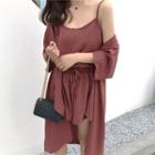 Set: Plain Cropped Camisole Top + Loose-fit Shorts + Jacket