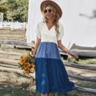 Short-sleeve V-neck Color Block Button-up Midi Dress