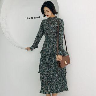 Gathered-waist Long-sleeved Floral Print Stand Collar Sheath Dress