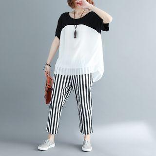Set: Short-sleeve Two-tone Top + Striped Pants