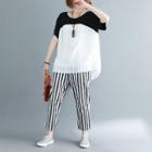 Set: Short-sleeve Two-tone Top + Striped Pants