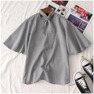 Bell-sleeve Plaid Tie-neck Top