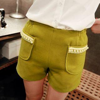 Faux Pearl Band Waist Shorts