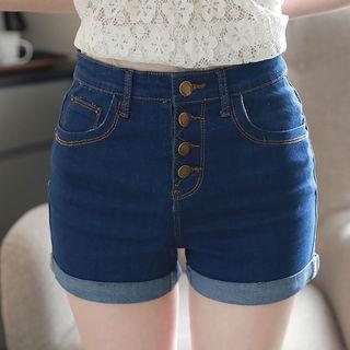 Button-fly Roll-up Denim Shorts
