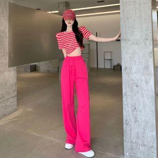 Short-sleeve Striped T-shirt / Wide Leg Pants / Set