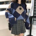 Diamond Pattern Sweater / Plaid Mini Pleated Skirt