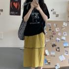 Short-sleeve Cartoon Print T-shirt / Paneled Midi A-line Skirt