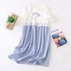 Short-sleeve Mock Two-piece A-line Dress White & Blue - One Size