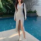 Long-sleeve Hooded Slit Sheath Dress