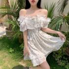 Elbow-sleeve Off-shoulder Floral Mini A-line Dress