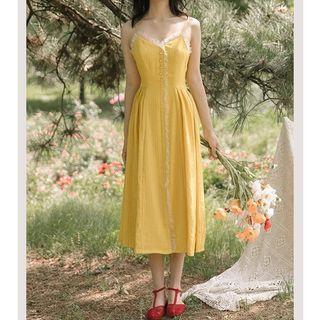 Spaghetti Strap Ruffle Mesh Trim Midi A-line Dress