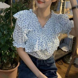 Puff-sleeve Dotted Ruffled Blouse Blouse - Blue Dotted - White - One Size
