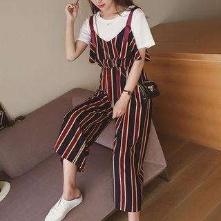 Set: Short-sleeve Chiffon Top + Ruffled Striped Jumpsuit