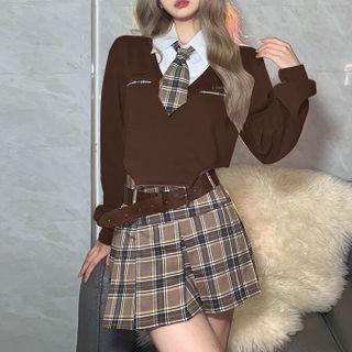 Mock Two-piece Polo Sweatshirt / Tie / Plaid Mini A-line Skirt / Belt / Set