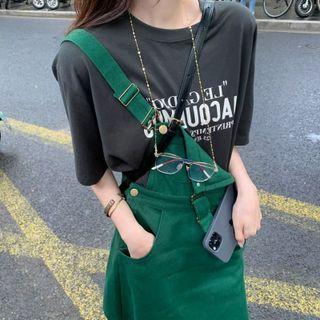 Set: Elbow-sleeve Lettering T-shirt + Denim Jumper Dress